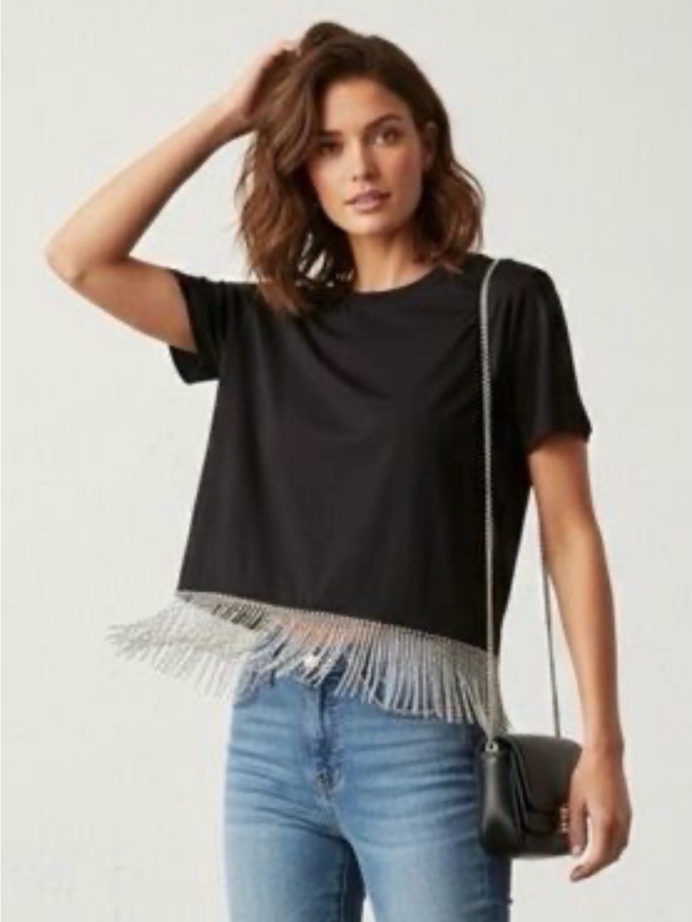 Joie Black Crop Top with Rhinestone Fringe Trim